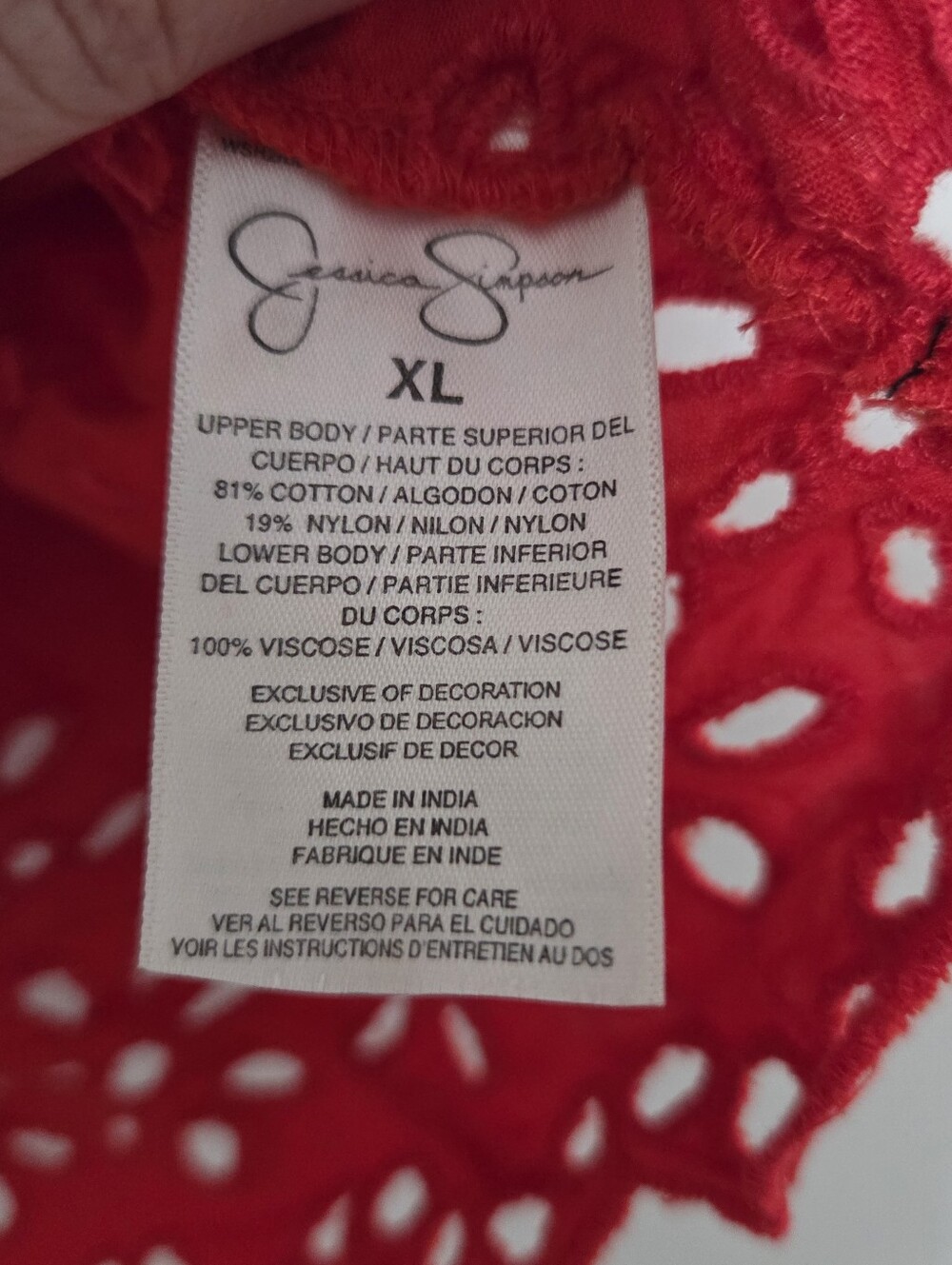 Bright Red Scarlet Embroidered Eyelet Peasant Top by Jessica Simpson XL - Picture 5 of 12